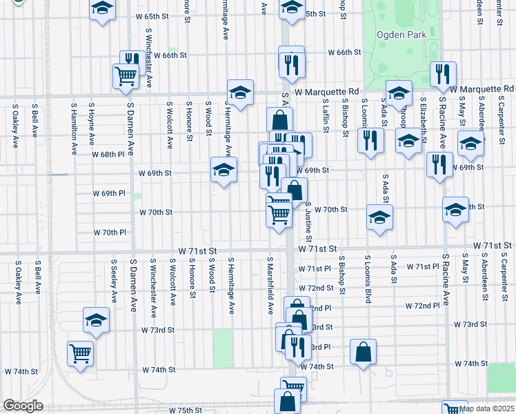 map of restaurants, bars, coffee shops, grocery stores, and more near 6935 South Paulina Street in Chicago