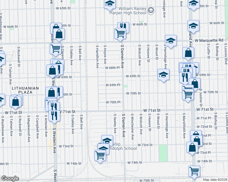 map of restaurants, bars, coffee shops, grocery stores, and more near 2031 West 69th Place in Chicago