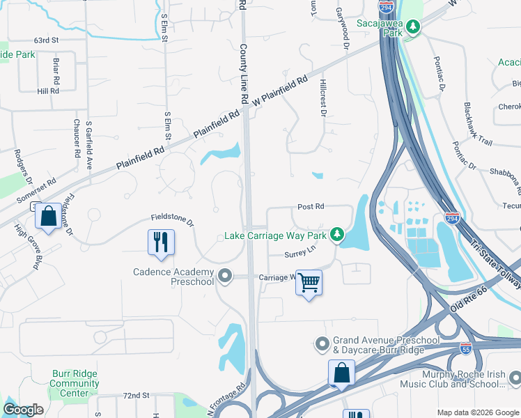 map of restaurants, bars, coffee shops, grocery stores, and more near 111 Post Road in Burr Ridge