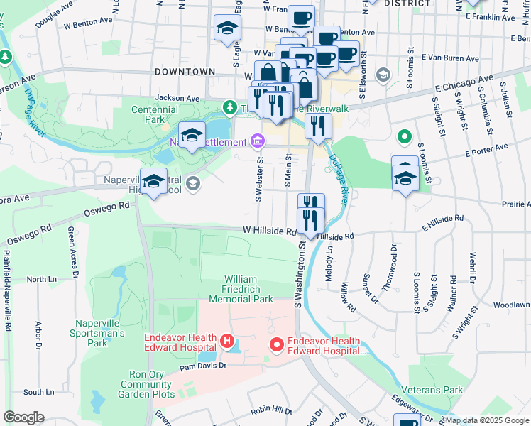 map of restaurants, bars, coffee shops, grocery stores, and more near 615 South Main Street in Naperville