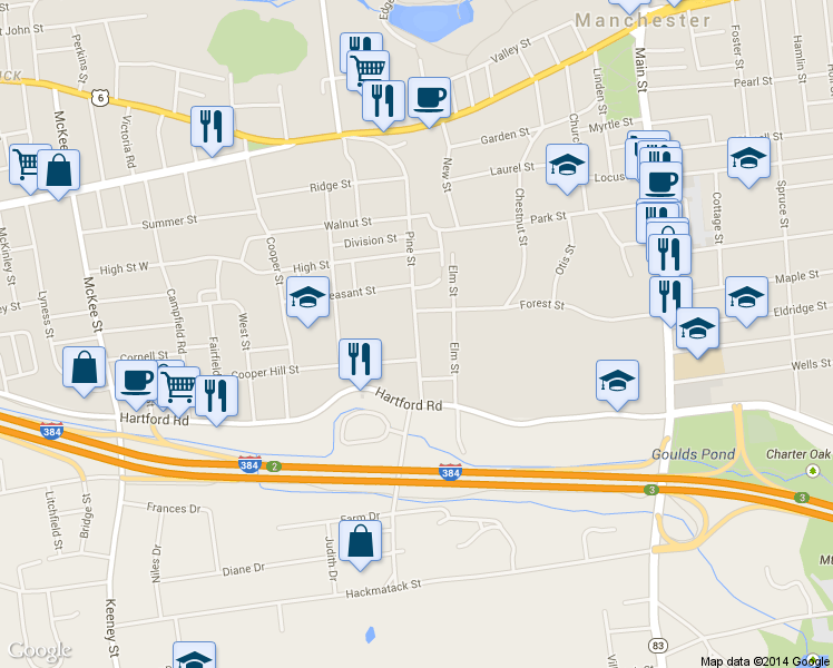 map of restaurants, bars, coffee shops, grocery stores, and more near 199 Forest Street in Manchester