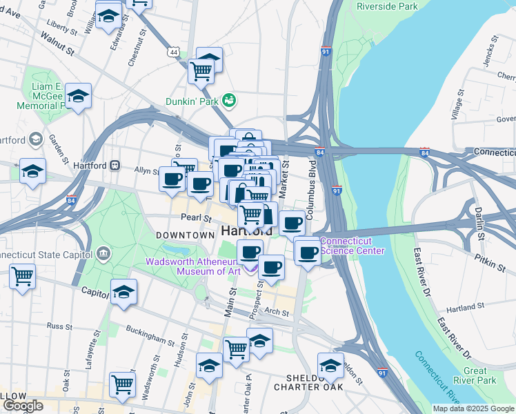 map of restaurants, bars, coffee shops, grocery stores, and more near 10 State House Square in Hartford