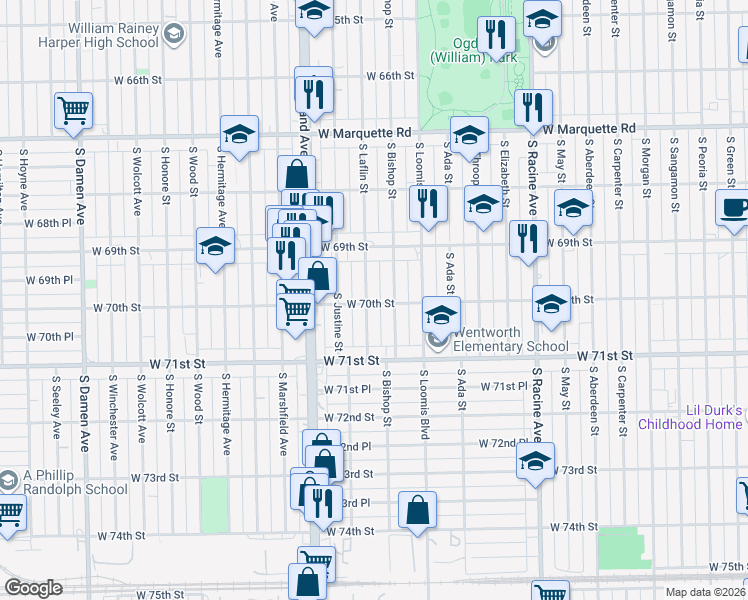 map of restaurants, bars, coffee shops, grocery stores, and more near 1450 West 70th Street in Chicago