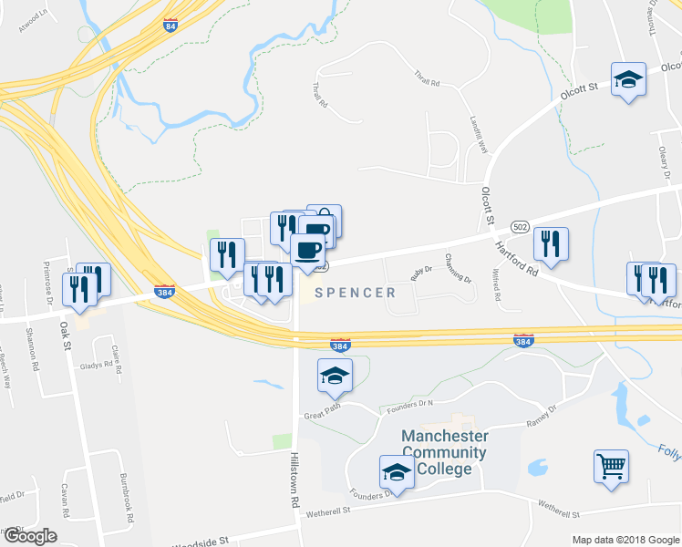 map of restaurants, bars, coffee shops, grocery stores, and more near 150 Spencer Street in Manchester