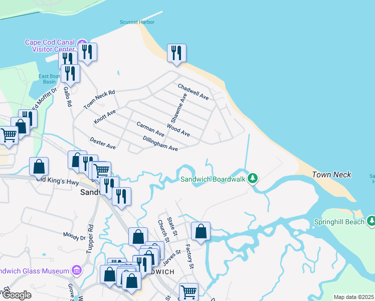 map of restaurants, bars, coffee shops, grocery stores, and more near 86 Dillingham Avenue in Sandwich