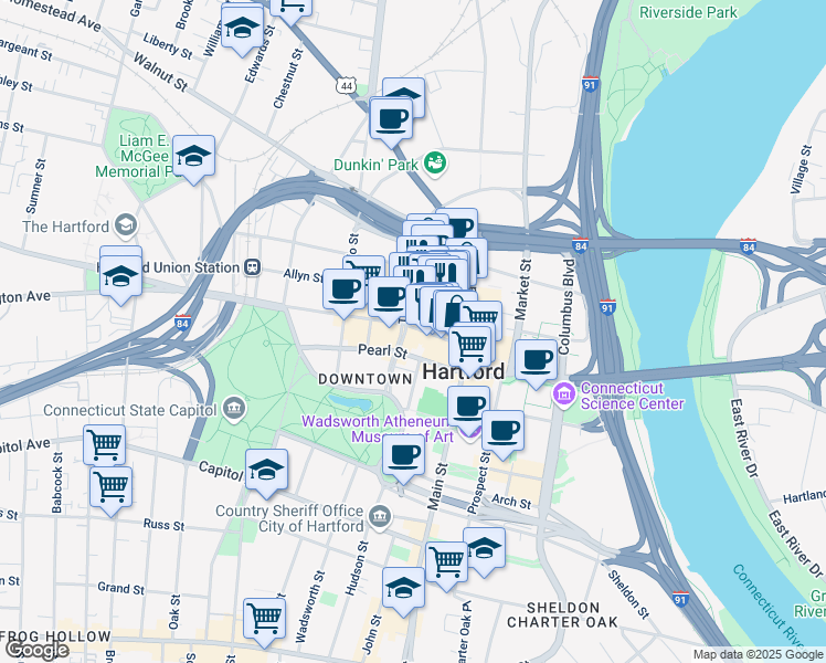 map of restaurants, bars, coffee shops, grocery stores, and more near in Hartford