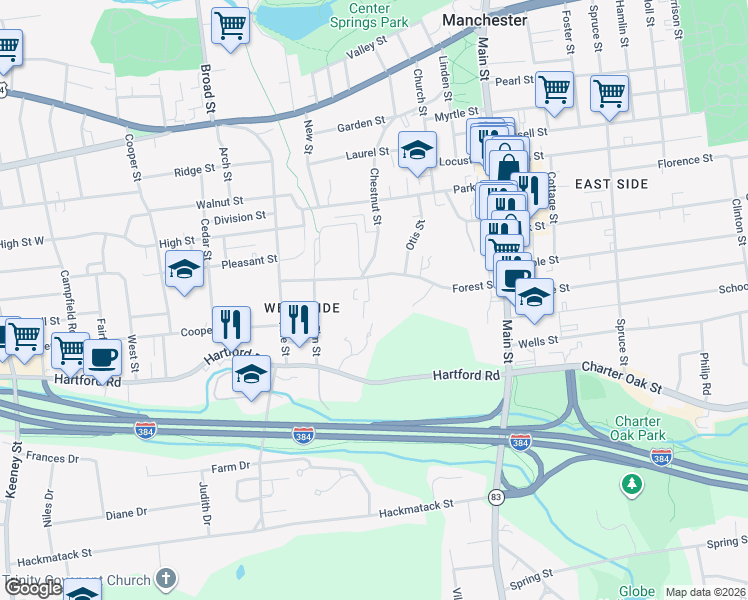 map of restaurants, bars, coffee shops, grocery stores, and more near 126 Forest Street in Manchester