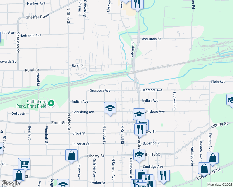map of restaurants, bars, coffee shops, grocery stores, and more near 1216 Dearborn Avenue in Aurora
