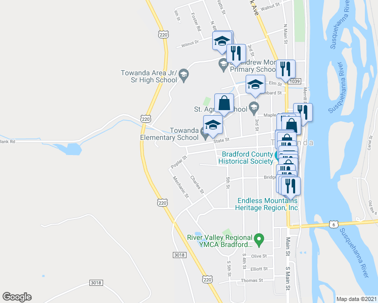 map of restaurants, bars, coffee shops, grocery stores, and more near 322 Poplar Street in Towanda