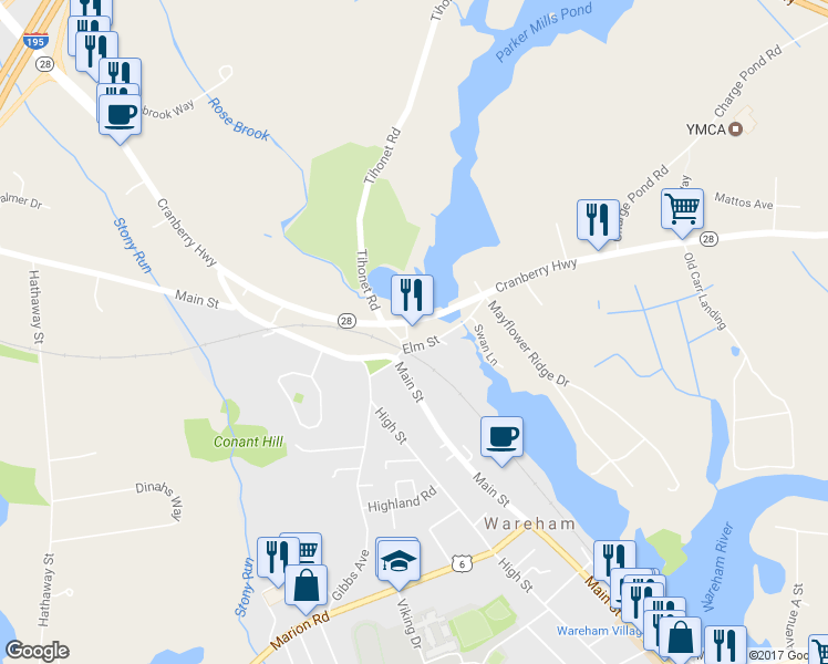 map of restaurants, bars, coffee shops, grocery stores, and more near 2577 Cranberry Highway in Wareham
