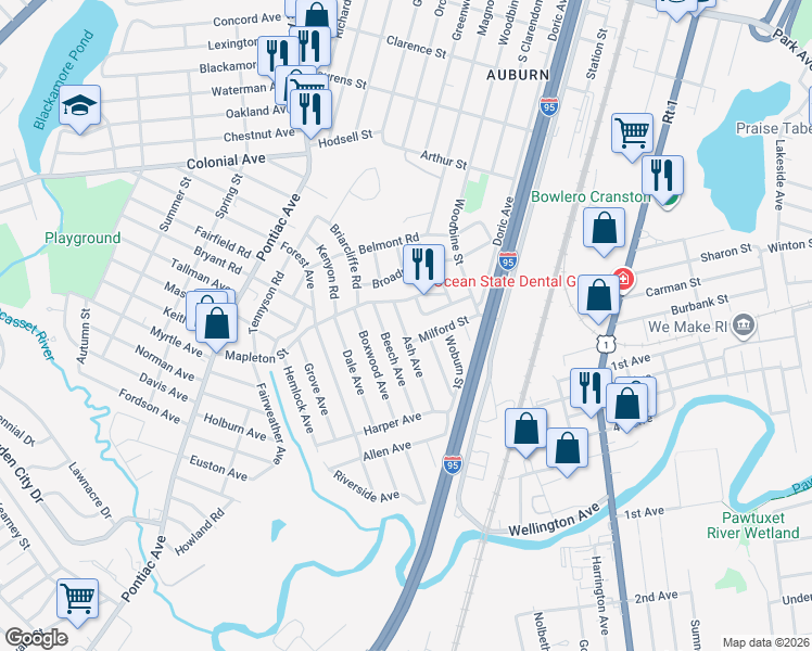 map of restaurants, bars, coffee shops, grocery stores, and more near 5 Bedford Road in Cranston