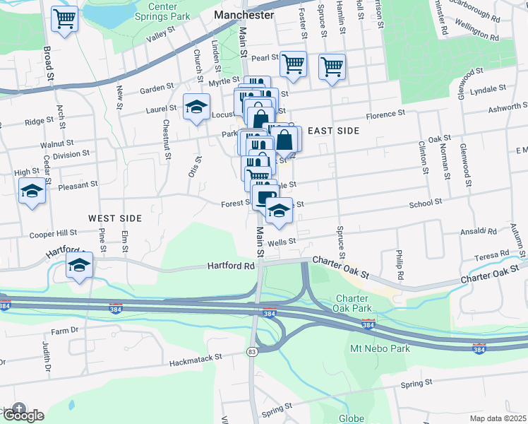 map of restaurants, bars, coffee shops, grocery stores, and more near 212 Connecticut 83 in Manchester
