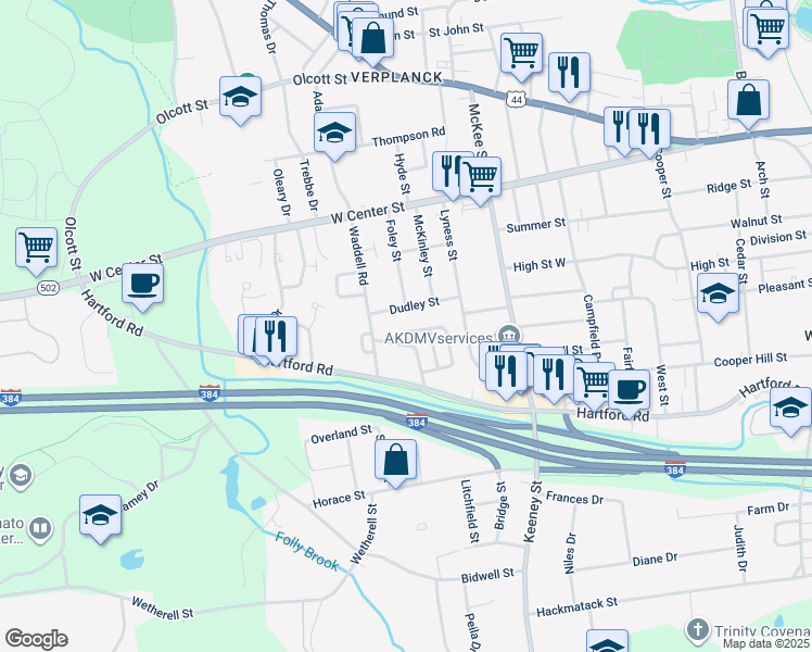 map of restaurants, bars, coffee shops, grocery stores, and more near 34 Dudley Street in Manchester