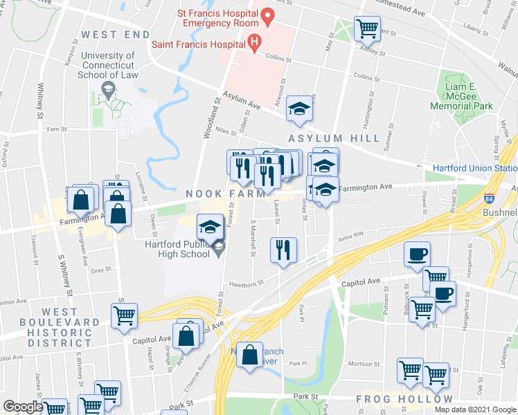 map of restaurants, bars, coffee shops, grocery stores, and more near in Hartford
