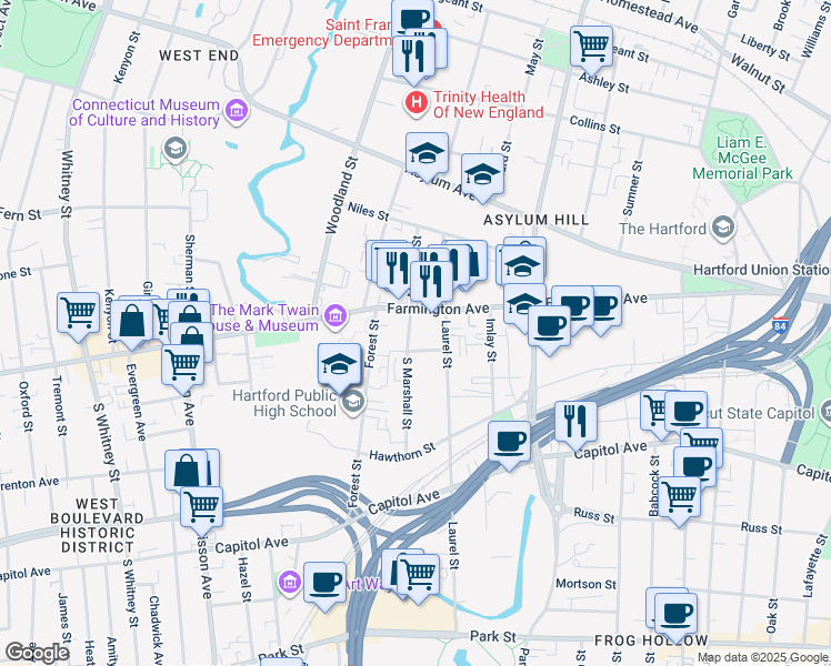 map of restaurants, bars, coffee shops, grocery stores, and more near in Hartford
