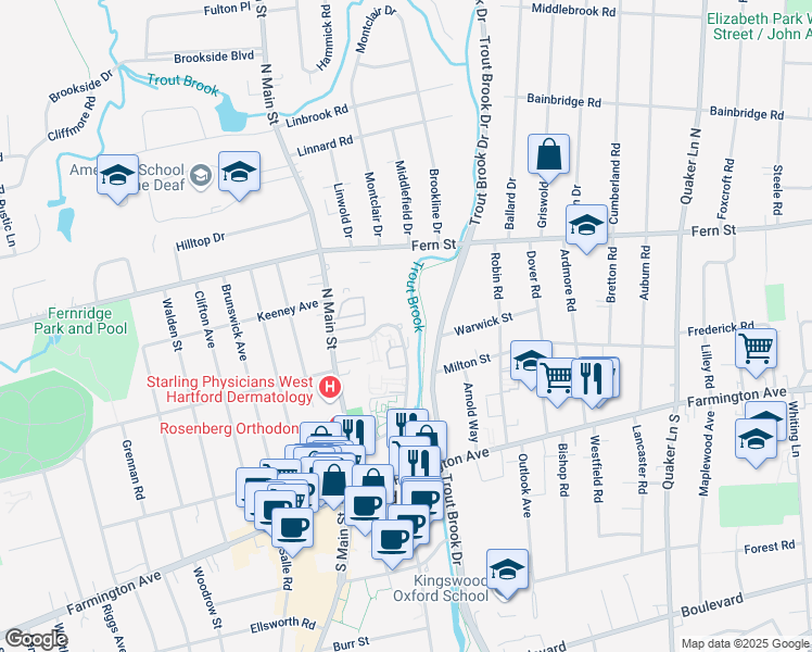 map of restaurants, bars, coffee shops, grocery stores, and more near 130 Loomis Drive in West Hartford