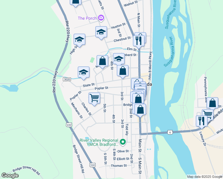 map of restaurants, bars, coffee shops, grocery stores, and more near 217 Poplar Street in Towanda