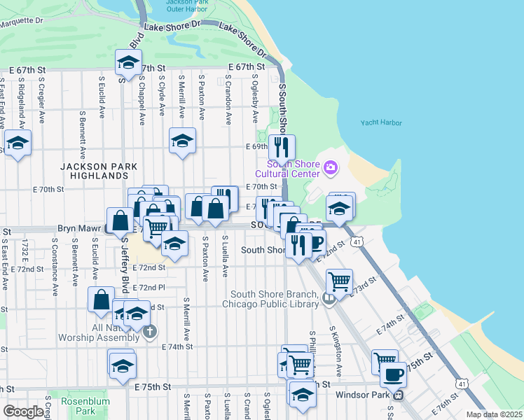 map of restaurants, bars, coffee shops, grocery stores, and more near 7014 South Oglesby Avenue in Chicago