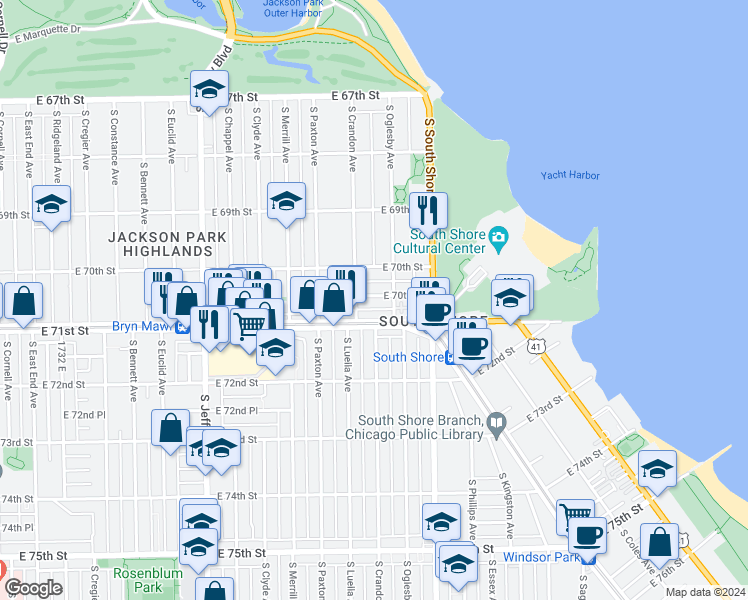 map of restaurants, bars, coffee shops, grocery stores, and more near 7014 South Oglesby Avenue in Chicago