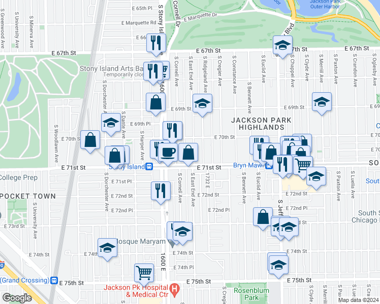 map of restaurants, bars, coffee shops, grocery stores, and more near 7010 South East End Avenue in Chicago