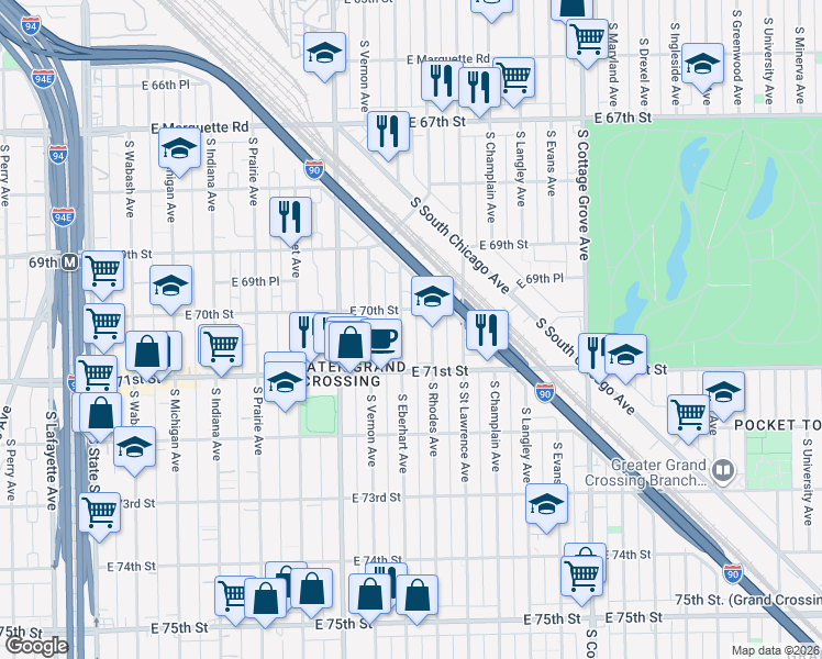 map of restaurants, bars, coffee shops, grocery stores, and more near 7002 South Rhodes Avenue in Chicago