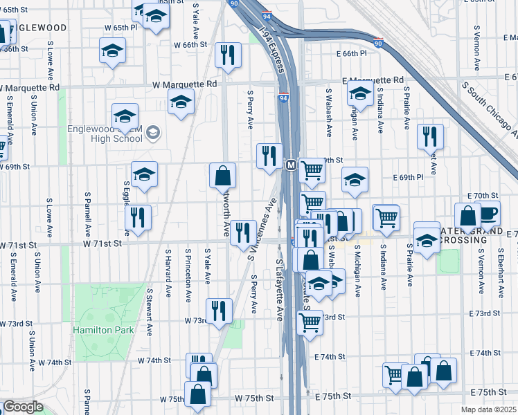 map of restaurants, bars, coffee shops, grocery stores, and more near 6950 South Perry Avenue in Chicago