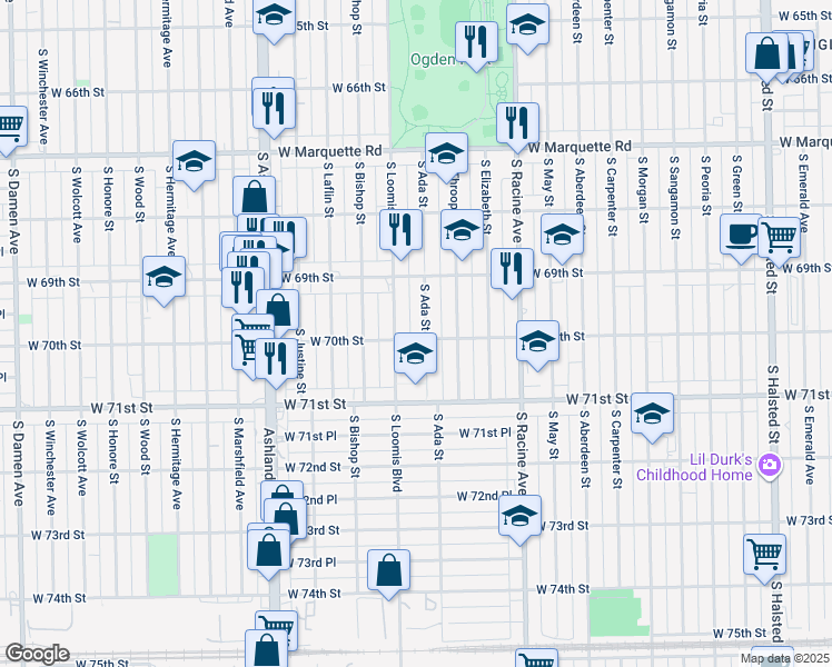 map of restaurants, bars, coffee shops, grocery stores, and more near 6937 South Loomis Boulevard in Chicago