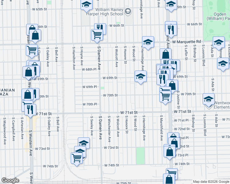 map of restaurants, bars, coffee shops, grocery stores, and more near 6931 South Winchester Avenue in Chicago