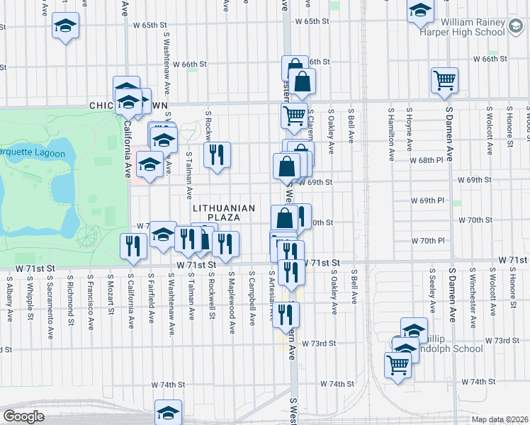 map of restaurants, bars, coffee shops, grocery stores, and more near 6925 South Campbell Avenue in Chicago