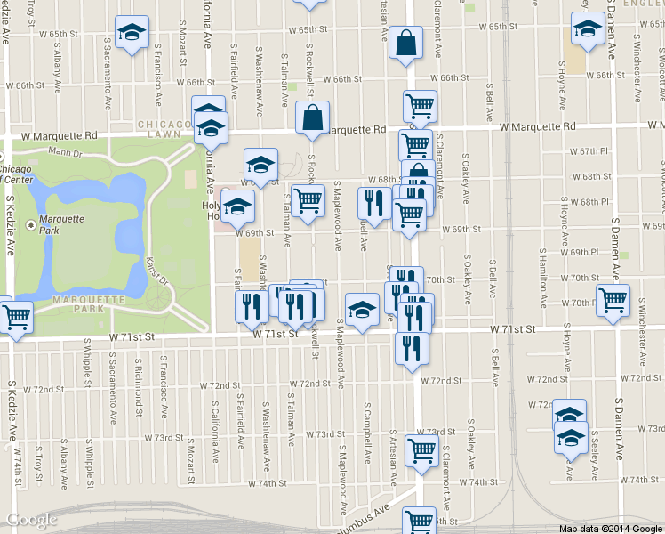 map of restaurants, bars, coffee shops, grocery stores, and more near 6925 South Maplewood Avenue in Chicago