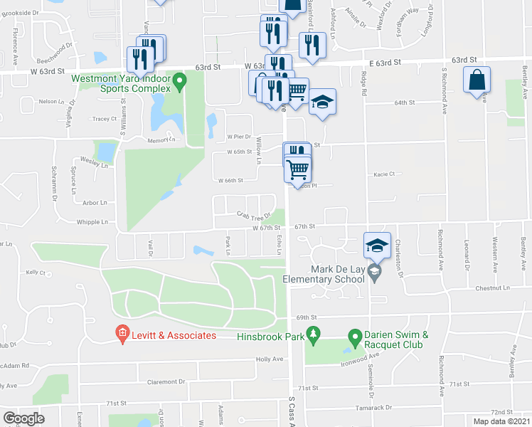 map of restaurants, bars, coffee shops, grocery stores, and more near 1519 Crab Tree Drive in Westmont