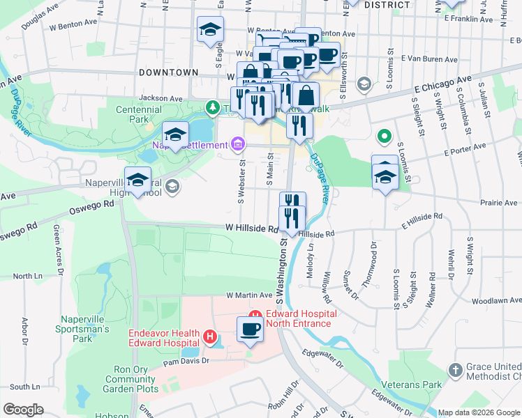 map of restaurants, bars, coffee shops, grocery stores, and more near 615 South Main Street in Naperville