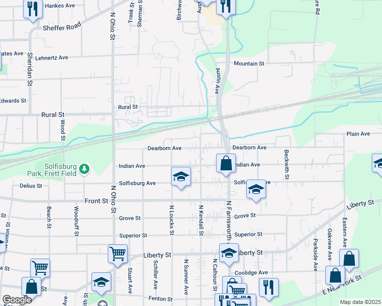 map of restaurants, bars, coffee shops, grocery stores, and more near 1216 Dearborn Avenue in Aurora