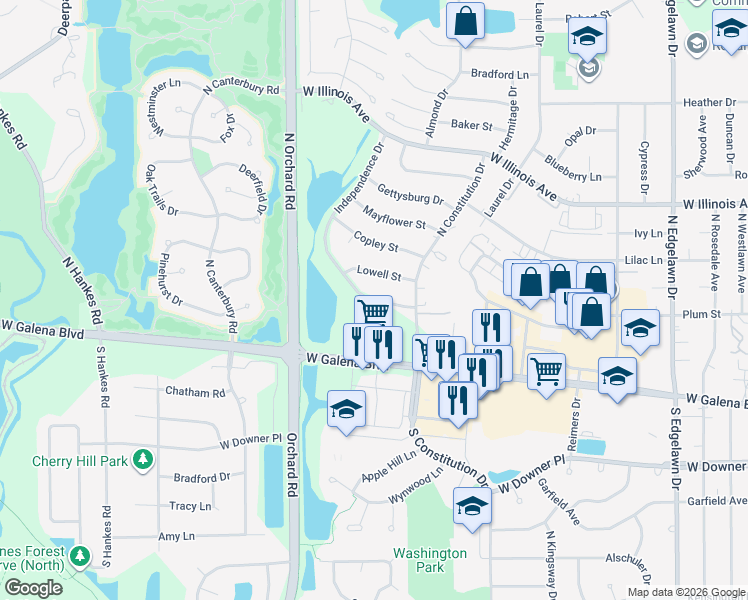 map of restaurants, bars, coffee shops, grocery stores, and more near 2301 Independence Drive in Aurora