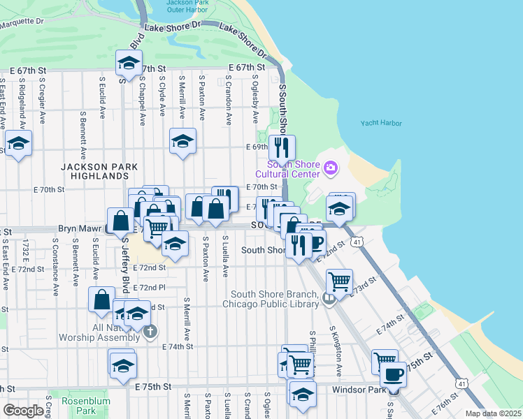 map of restaurants, bars, coffee shops, grocery stores, and more near 7014 South Oglesby Avenue in Chicago