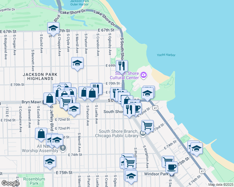 map of restaurants, bars, coffee shops, grocery stores, and more near 7016 South South Shore Drive in Chicago