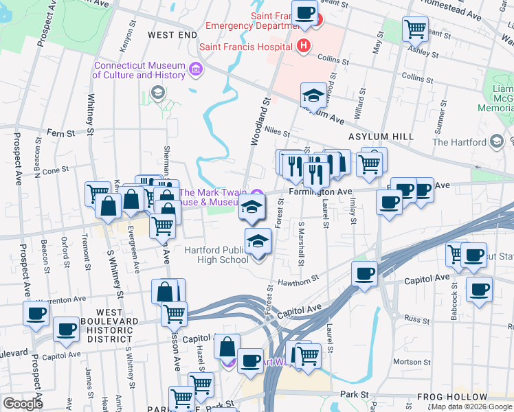 map of restaurants, bars, coffee shops, grocery stores, and more near 351 Farmington Avenue in Hartford