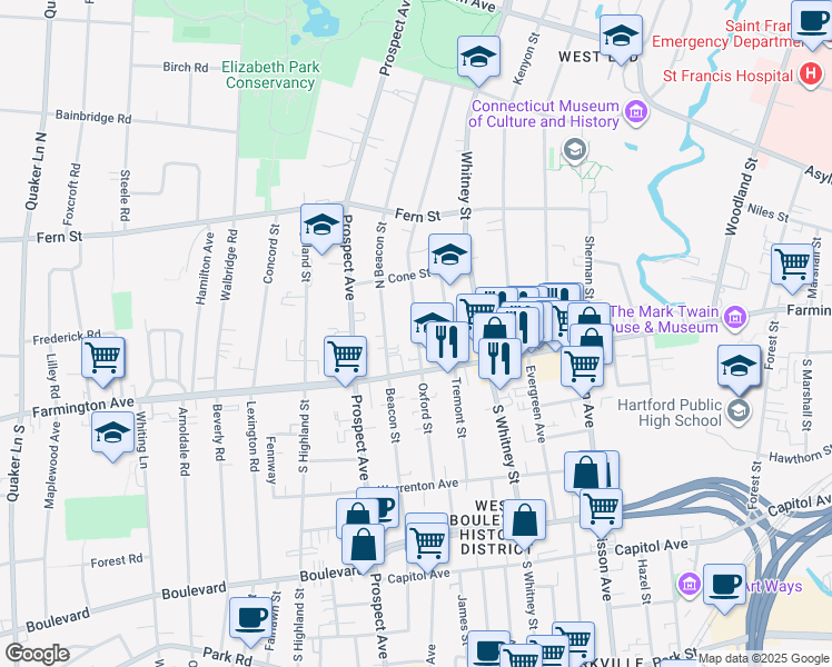 map of restaurants, bars, coffee shops, grocery stores, and more near 135 Oxford St in Hartford