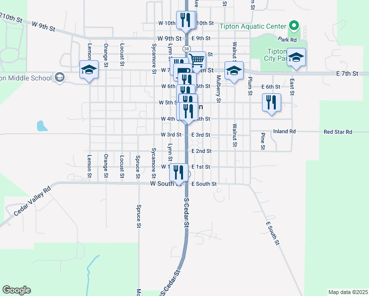 map of restaurants, bars, coffee shops, grocery stores, and more near 200-298 Cedar St in Tipton