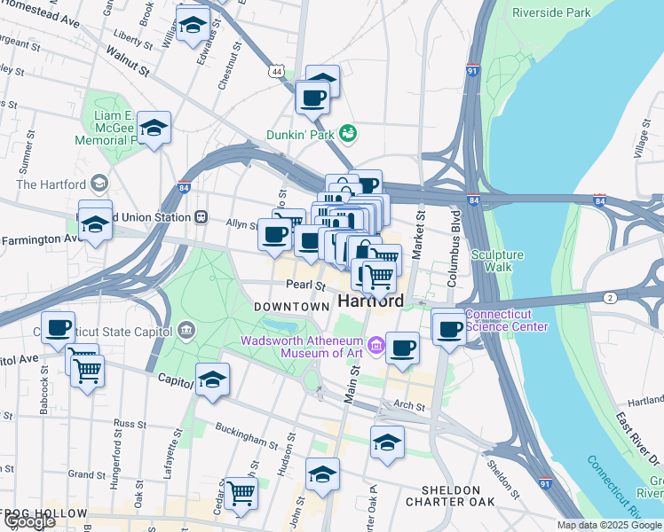 map of restaurants, bars, coffee shops, grocery stores, and more near 114 Asylum Street in Hartford