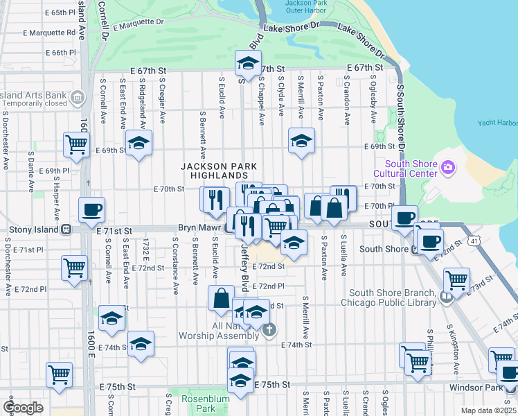 map of restaurants, bars, coffee shops, grocery stores, and more near 7030 South Chappel Avenue in Chicago