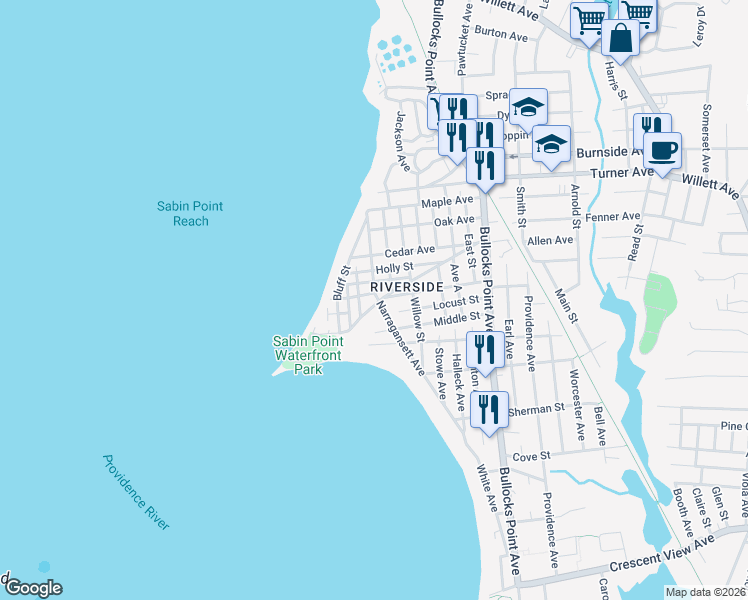 map of restaurants, bars, coffee shops, grocery stores, and more near 95 Cypress Street in East Providence