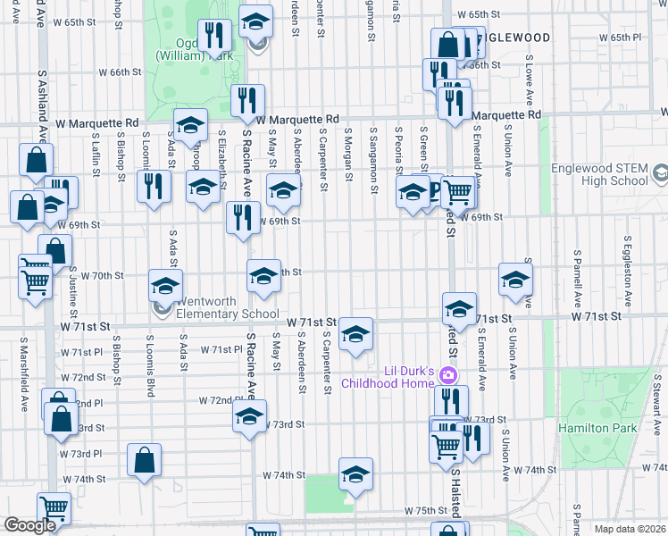map of restaurants, bars, coffee shops, grocery stores, and more near 6940 South Morgan Street in Chicago
