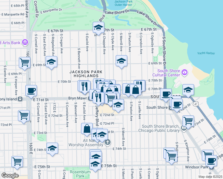 map of restaurants, bars, coffee shops, grocery stores, and more near 7028 South Clyde Avenue in Chicago