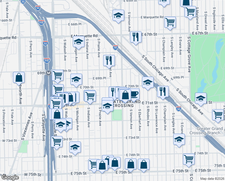 map of restaurants, bars, coffee shops, grocery stores, and more near 7011 South Calumet Avenue in Chicago