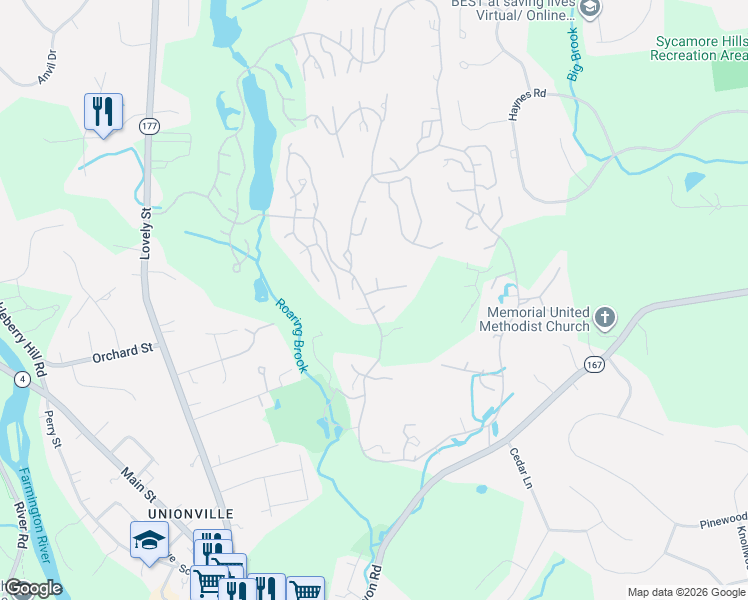 map of restaurants, bars, coffee shops, grocery stores, and more near 14 Canterbury Lane in Avon