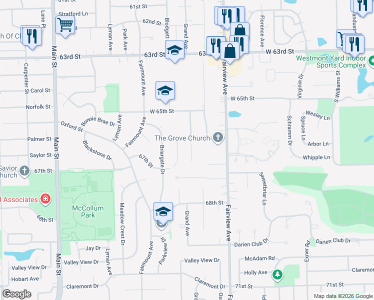 map of restaurants, bars, coffee shops, grocery stores, and more near 6601 Walnut Grove Court in Downers Grove
