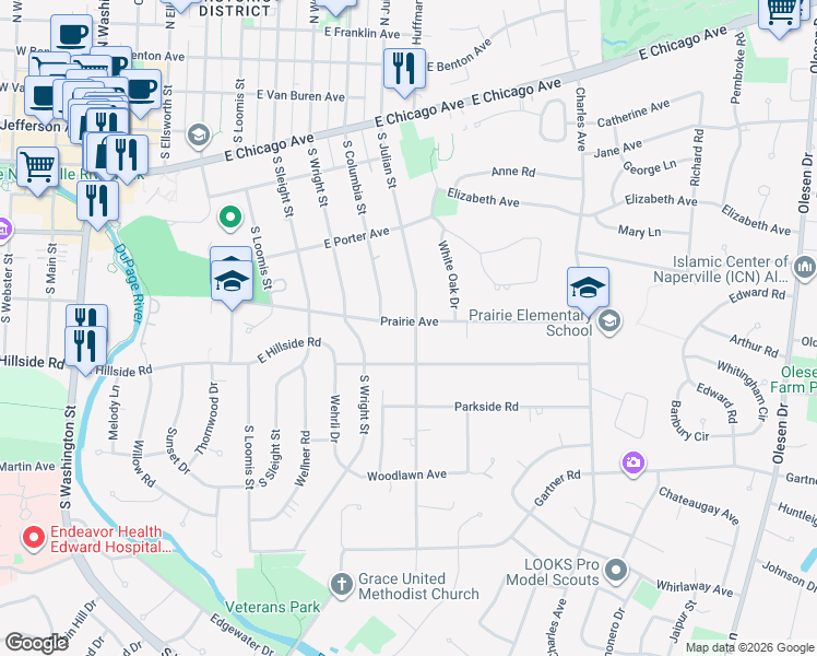 map of restaurants, bars, coffee shops, grocery stores, and more near 729 Prairie Avenue in Naperville