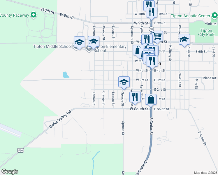 map of restaurants, bars, coffee shops, grocery stores, and more near 250-298 Locust Street in Tipton