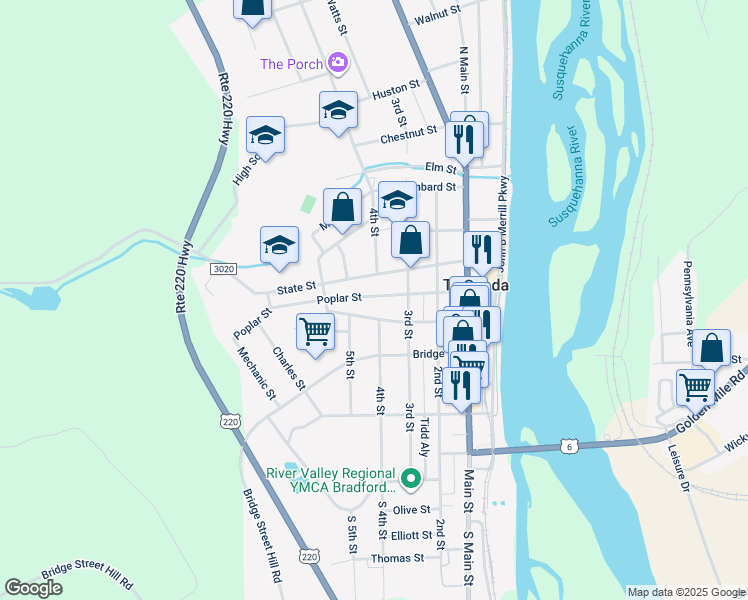 map of restaurants, bars, coffee shops, grocery stores, and more near 217 Poplar Street in Towanda